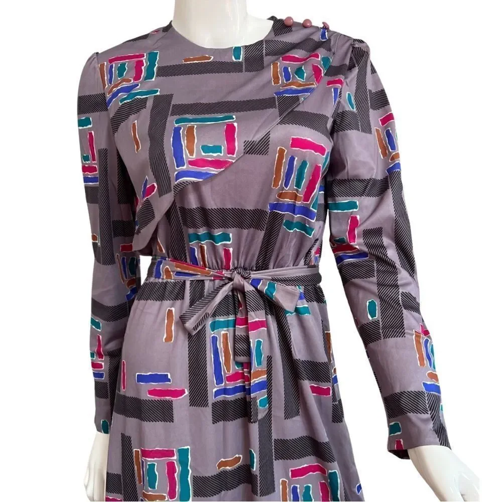 Vintage 1980s Geometric Rainbow Ruffle Neck Cinch Waist Belted Midi Dress